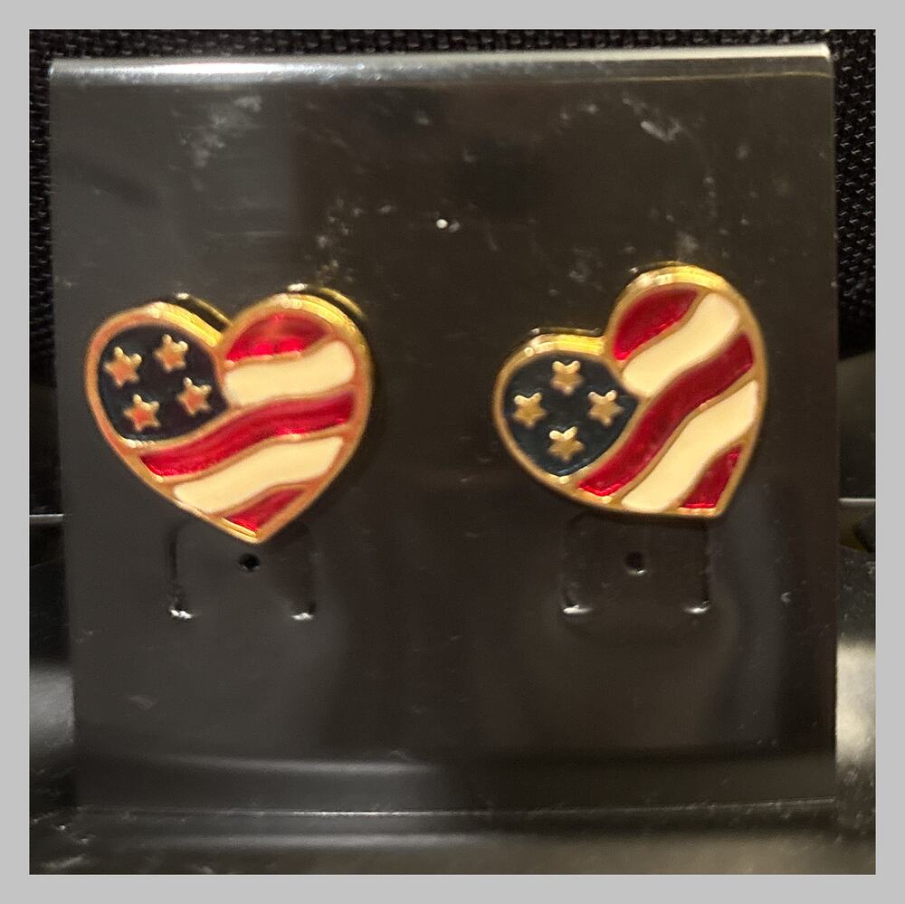 American Flag Heart Stud Earrings Red White Blue Patriotic USA Jewelry
